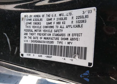 2003 Honda Cr-V Lx из США, поврежденный, VIN SHSRD68403U105285